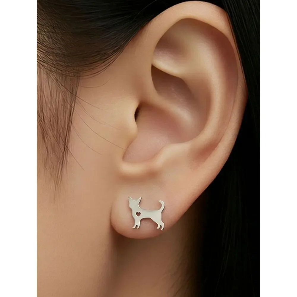 Cat Love Stud Earrings Dainty Silver Stainless Steel Minimalist Sleek Pet Lover